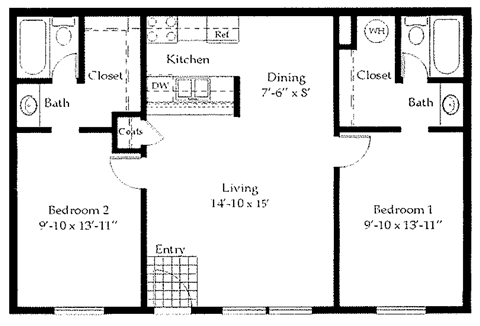 Floor plan for 2 beds, 2 baths, 950 sqft